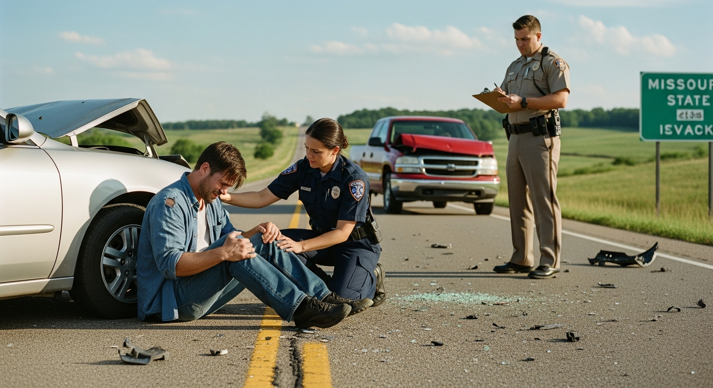 Missouri crash victim suffering a severe knee and leg injury as first responders assess the scene.