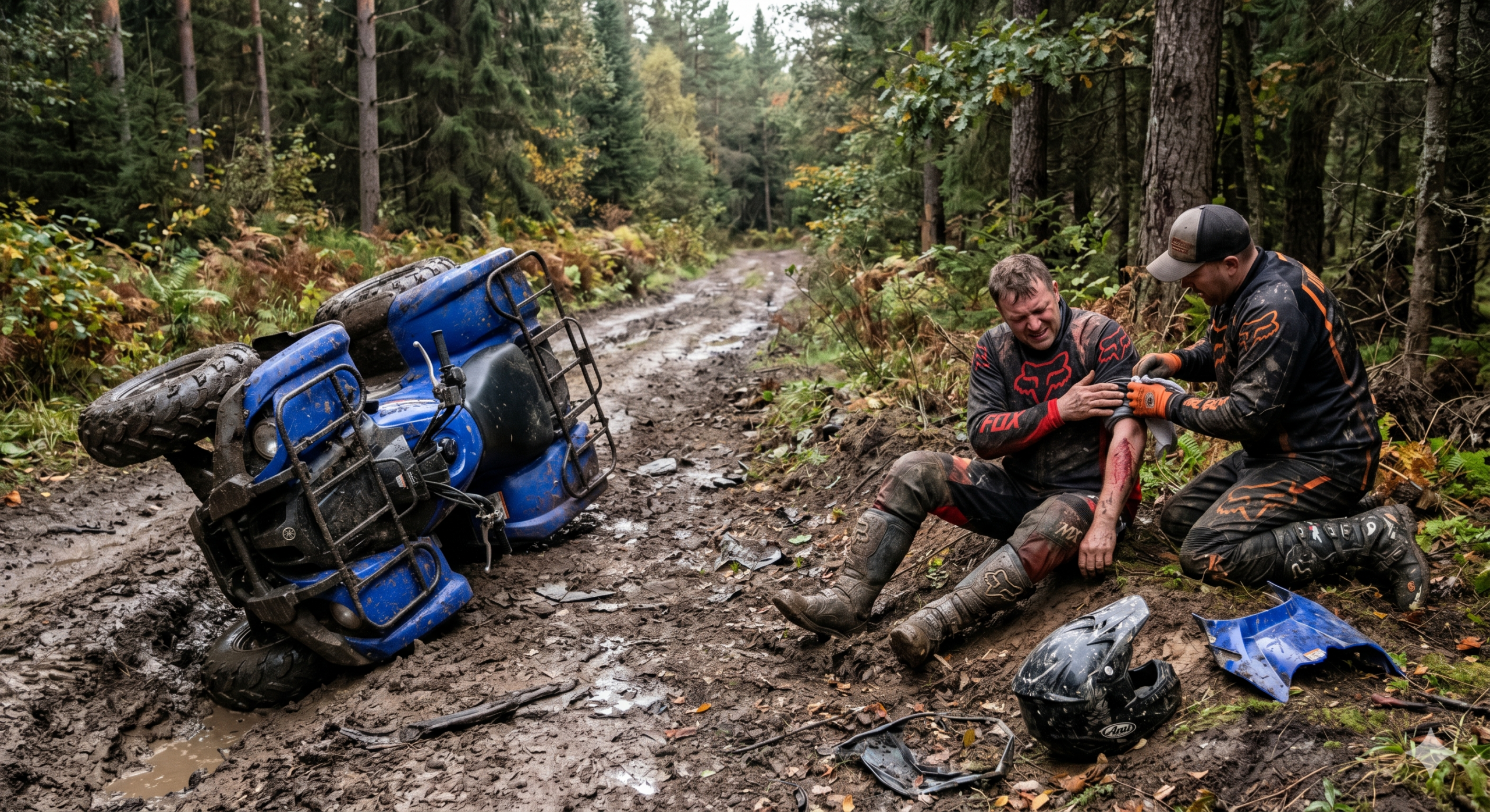 An aftermath of a ATV rollover on a muddy dirt trail