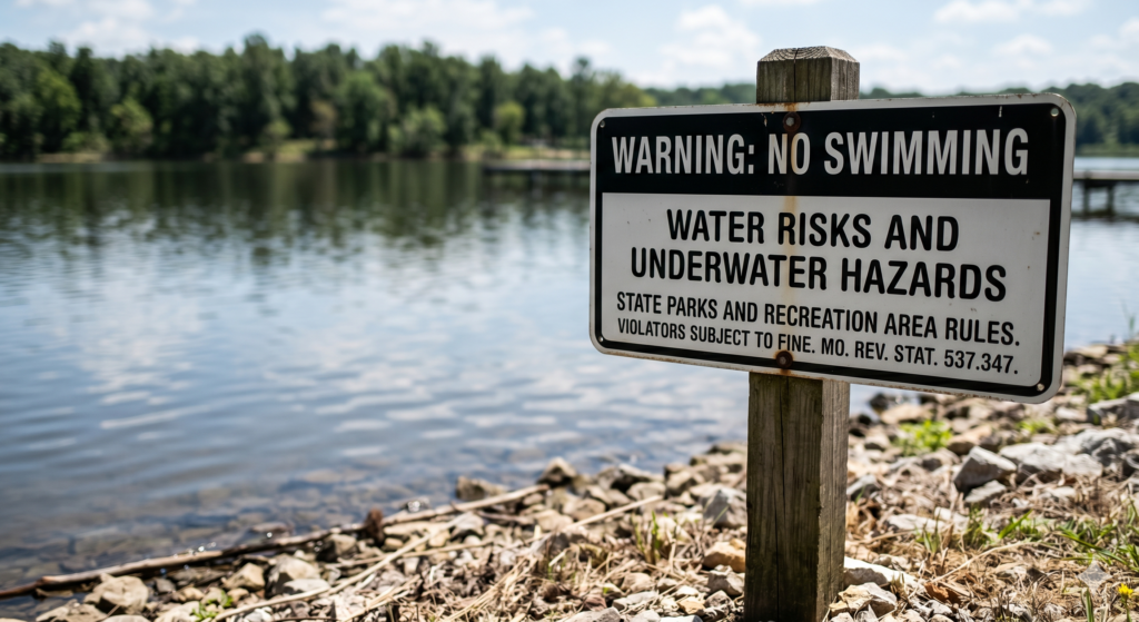 Warning sign at Morningside Lake in Fulton referencing MO. REV. STAT. 537.347, illustrating Missouri recreational use statutes and property owner liability in drowning cases.