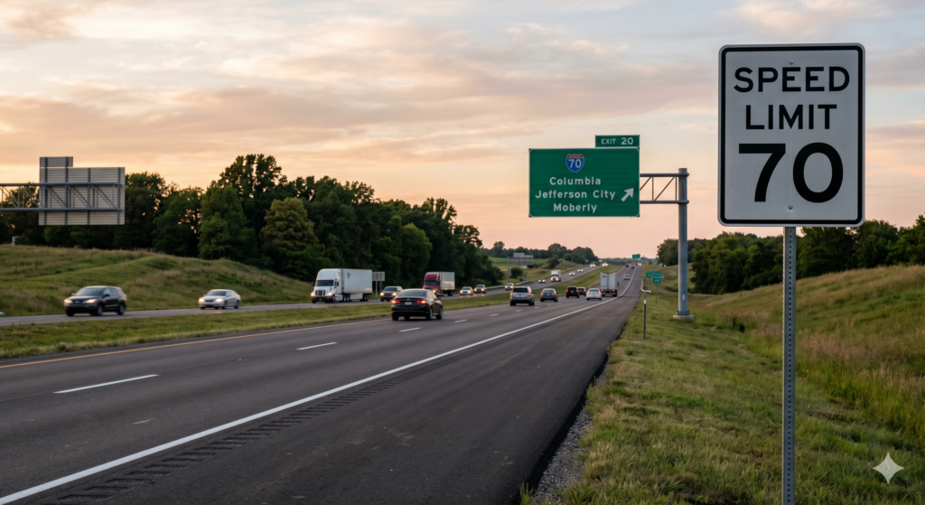 A "Speed Limit 70" sign on a Missouri highway near Columbia and Jefferson City, illustrating the legal thresholds for felony speeding charges and civil liability in MO.