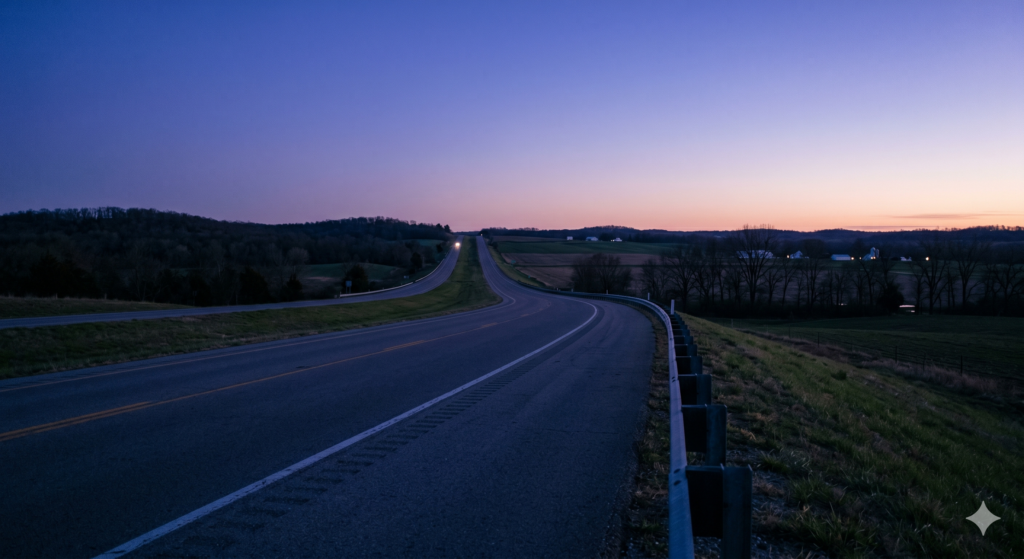 A rural stretch of Highway 61 in Pike County, Missouri, during the blue hour before sunrise, representing the 4:44 a.m. visibility conditions associated with fatal semi-truck accidents and wrongful death claims.